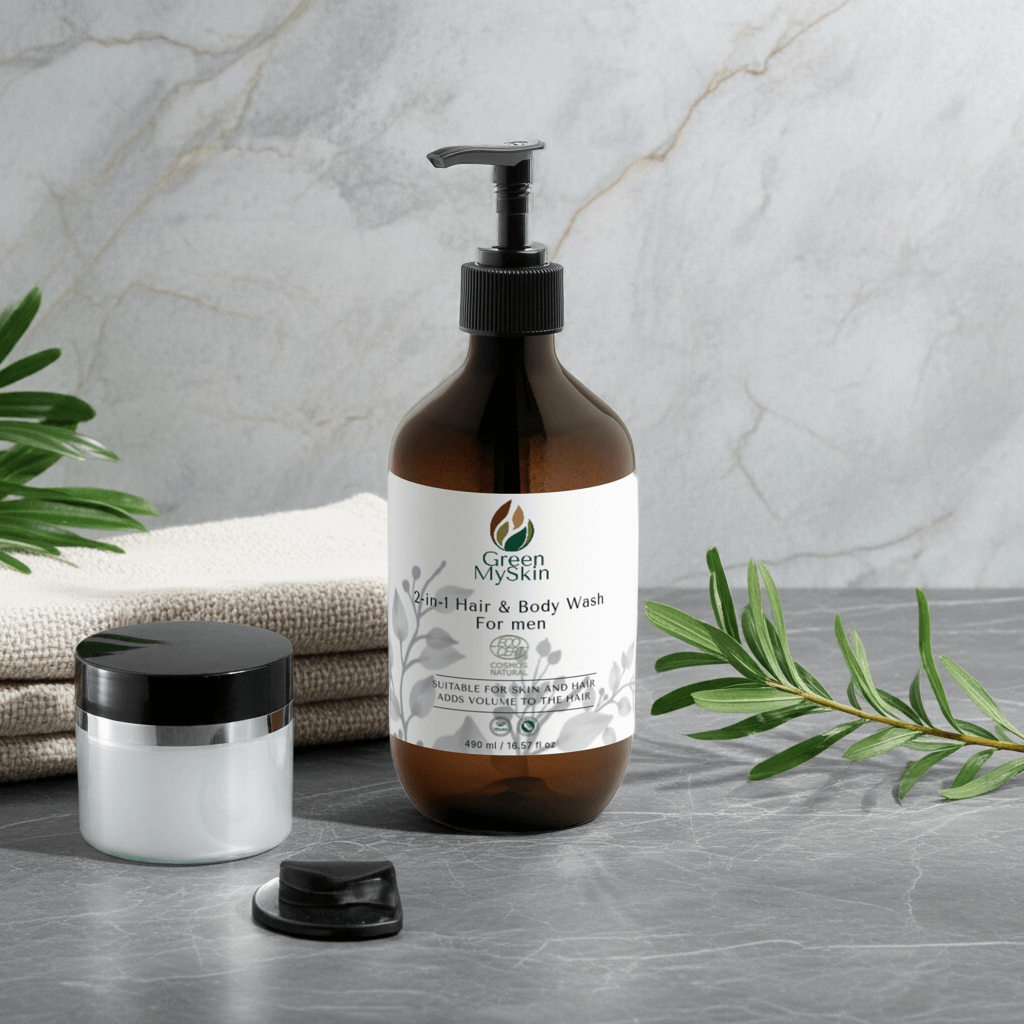 2-in-1-hair-body-wash for men, enriched with Betaine and Wheat Protein, cleanses and strengthens hair and skin, perfect for all skin types.