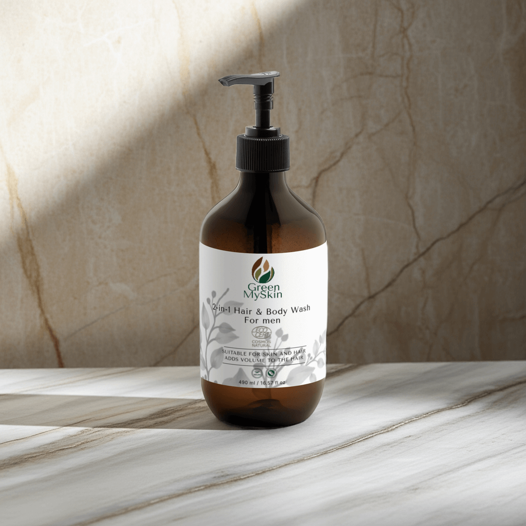 2-in-1-hair-body-wash for men, enriched with Betaine and Wheat Protein, cleanses and strengthens hair and skin, perfect for all skin types.