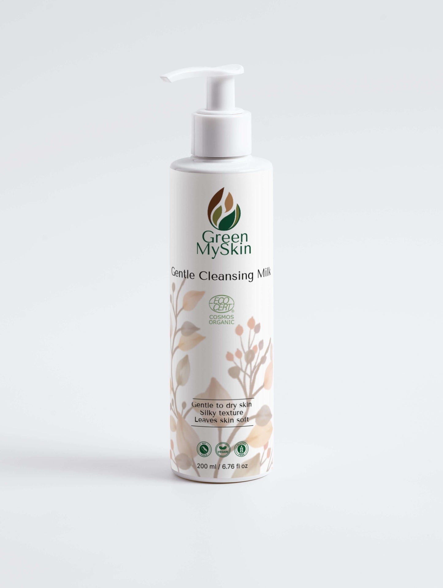 Gentle Cleansing Milk Cleanser by Green My Skin in a pump bottle for smooth and silky skin.