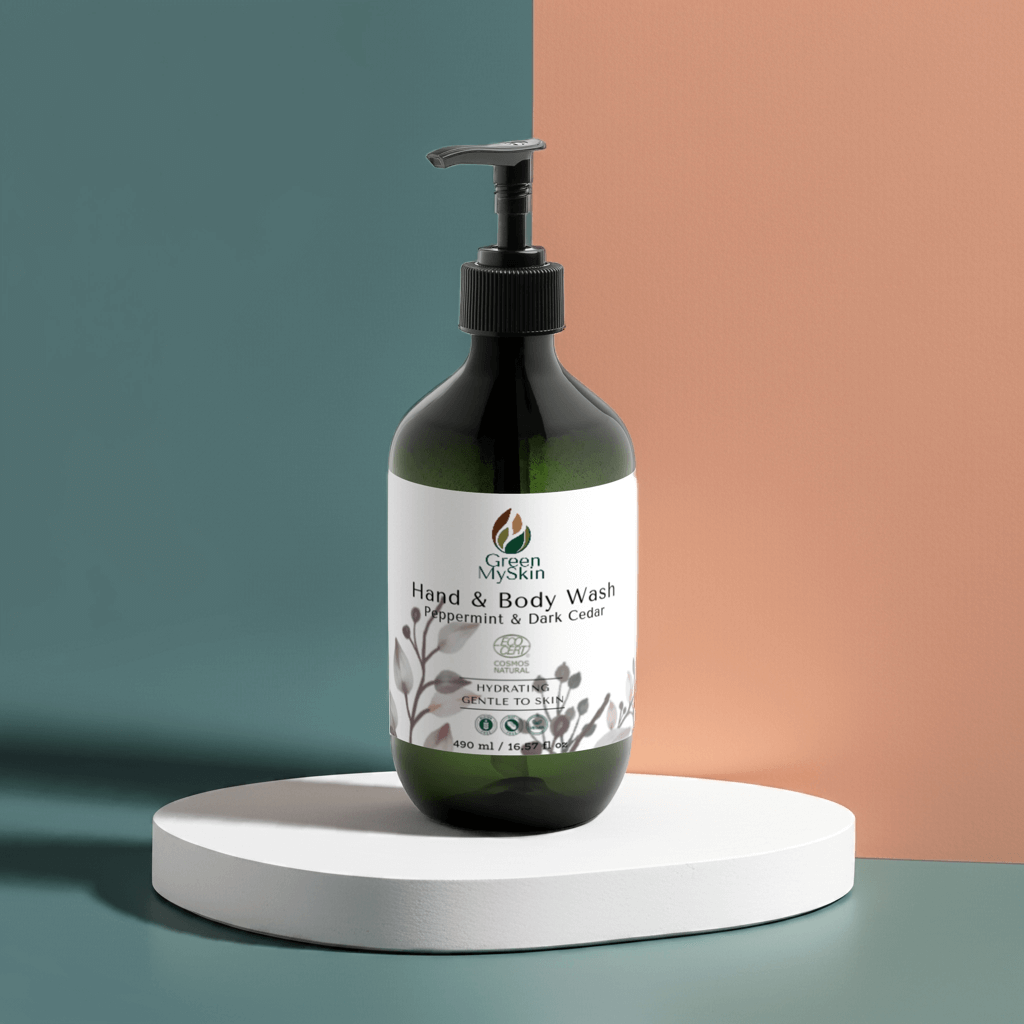 Gentle hand-body wash with peppermint and dark cedar, vegan and hydrating for daily skin care.