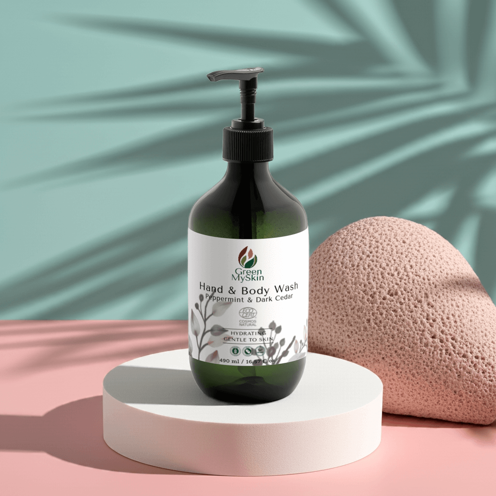 Gentle hand-body wash with peppermint and dark cedar in a black pump bottle.