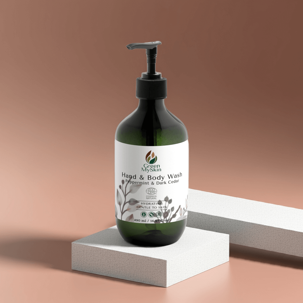 Hydrating vegan hand-body wash with peppermint and cedar scent.