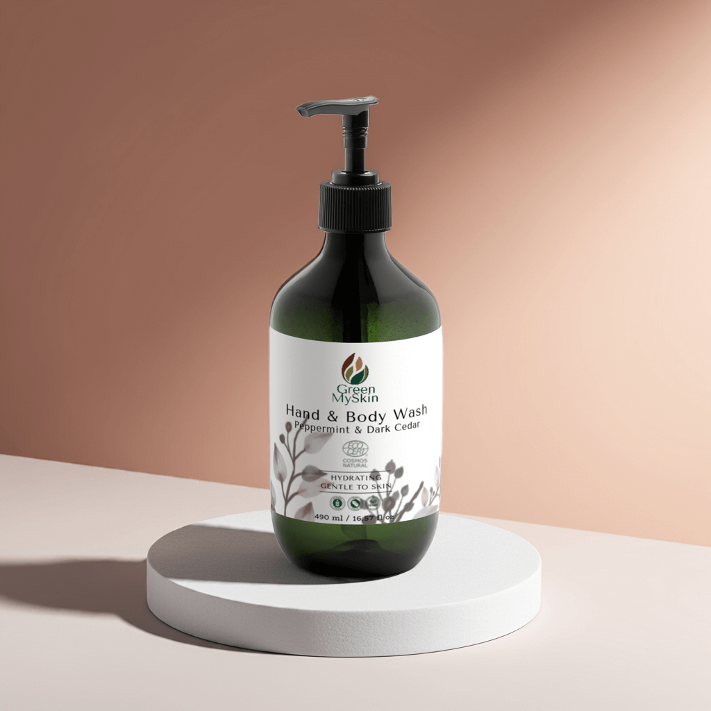 Gentle hand-body wash with peppermint and dark cedar in a black pump bottle.