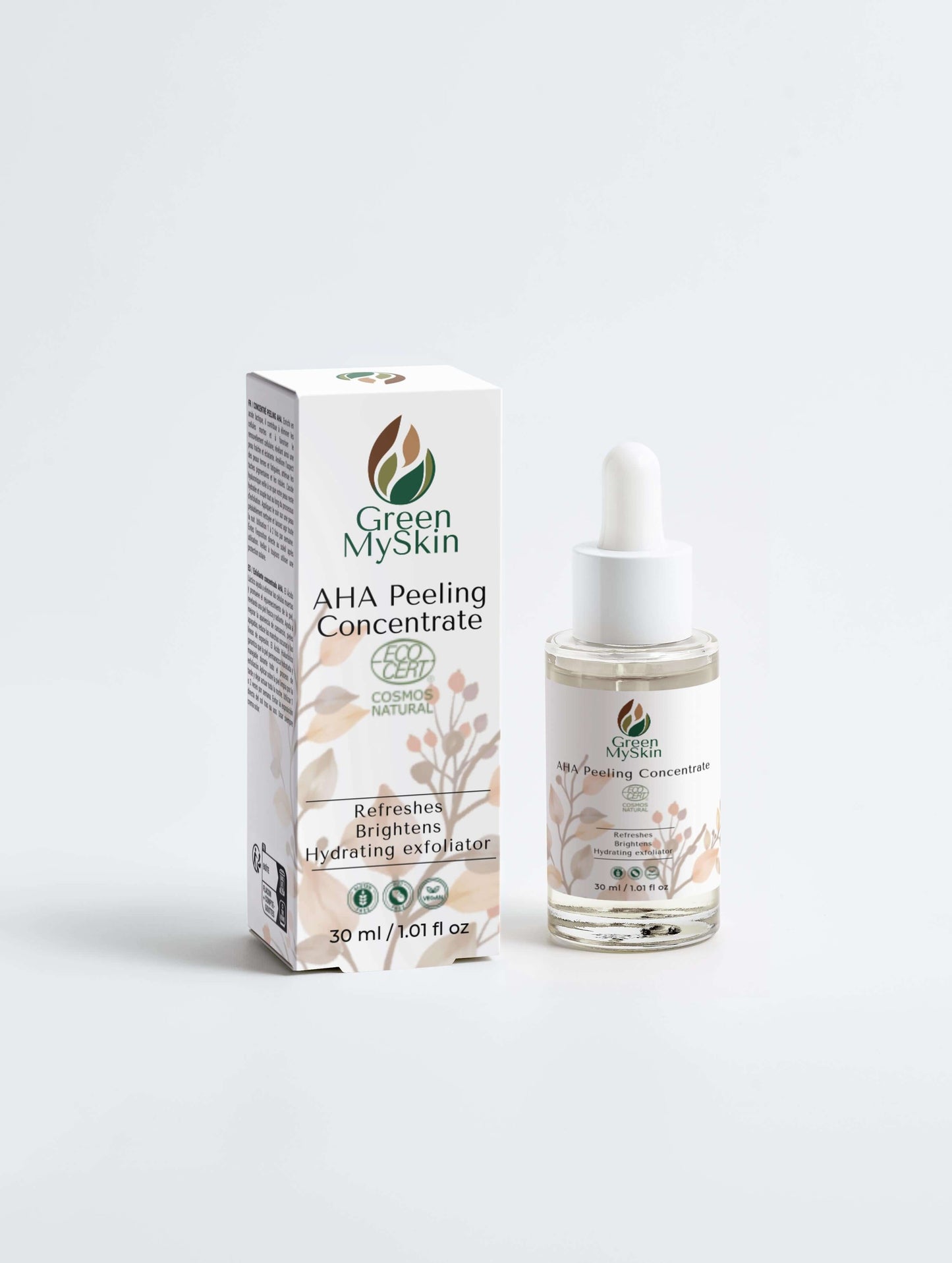 Vegan AHA peeling concentrate with organic, cruelty-free ingredients to exfoliate, brighten, and rejuvenate skin, available at greenmyskin.com