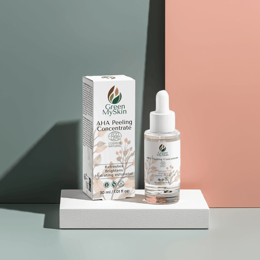 Green My Skin's Cosmos Natural AHA Peeling Concentrate for gentle skin exfoliation, revealing hydrated, smoother skin.