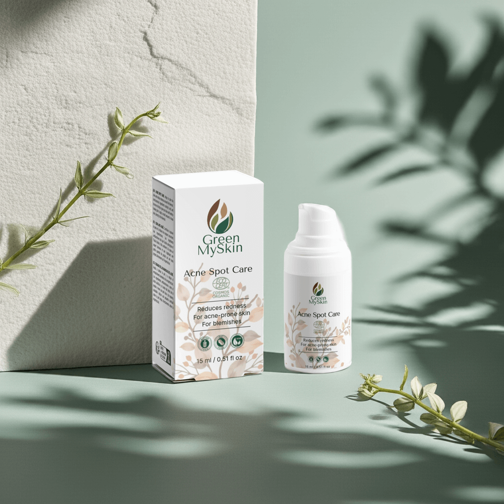 Acne spot care serum with Tea Tree Essential Oil and 2% Salicylic Acid, formulated to reduce redness and blemishes.