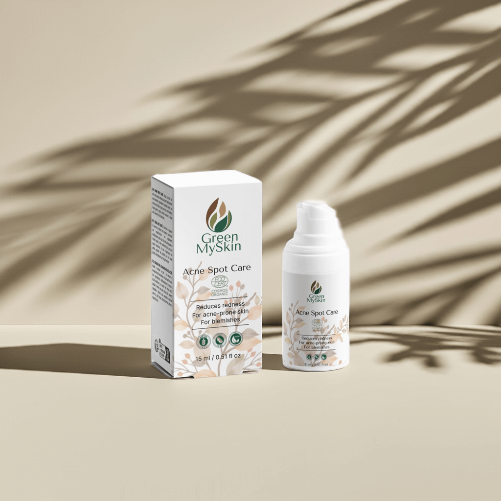 Bottle of acne spot treatment serum containing Tea Tree Oil and 2% Salicylic Acid for diminishing redness and imperfections.