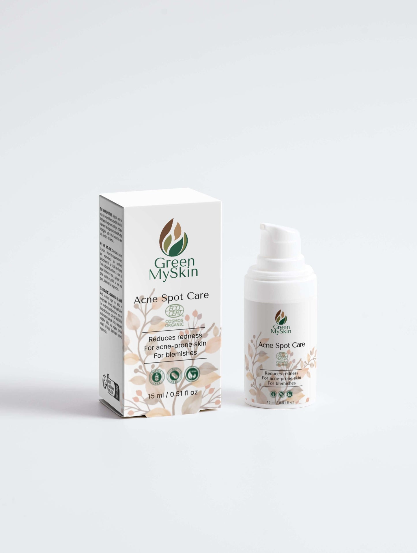 Acne Spot Care Serum with Tea Tree Essential Oil and 2% Salicylic Acid for reducing redness and blemishes.