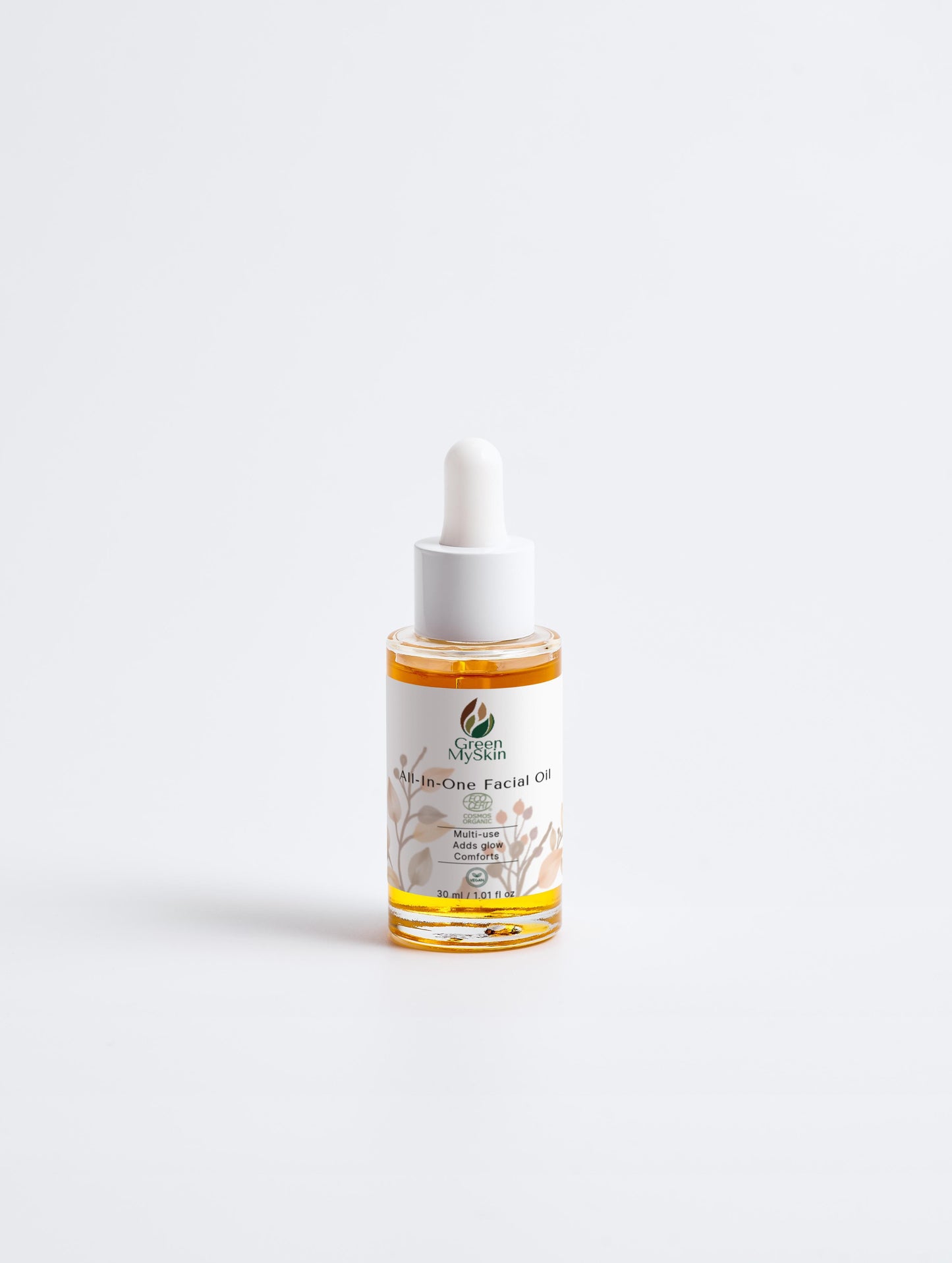 Vegan all-in-one facial oil with organic, cruelty-free ingredients to hydrate, balance, and nourish skin, available at greenmyskin.com