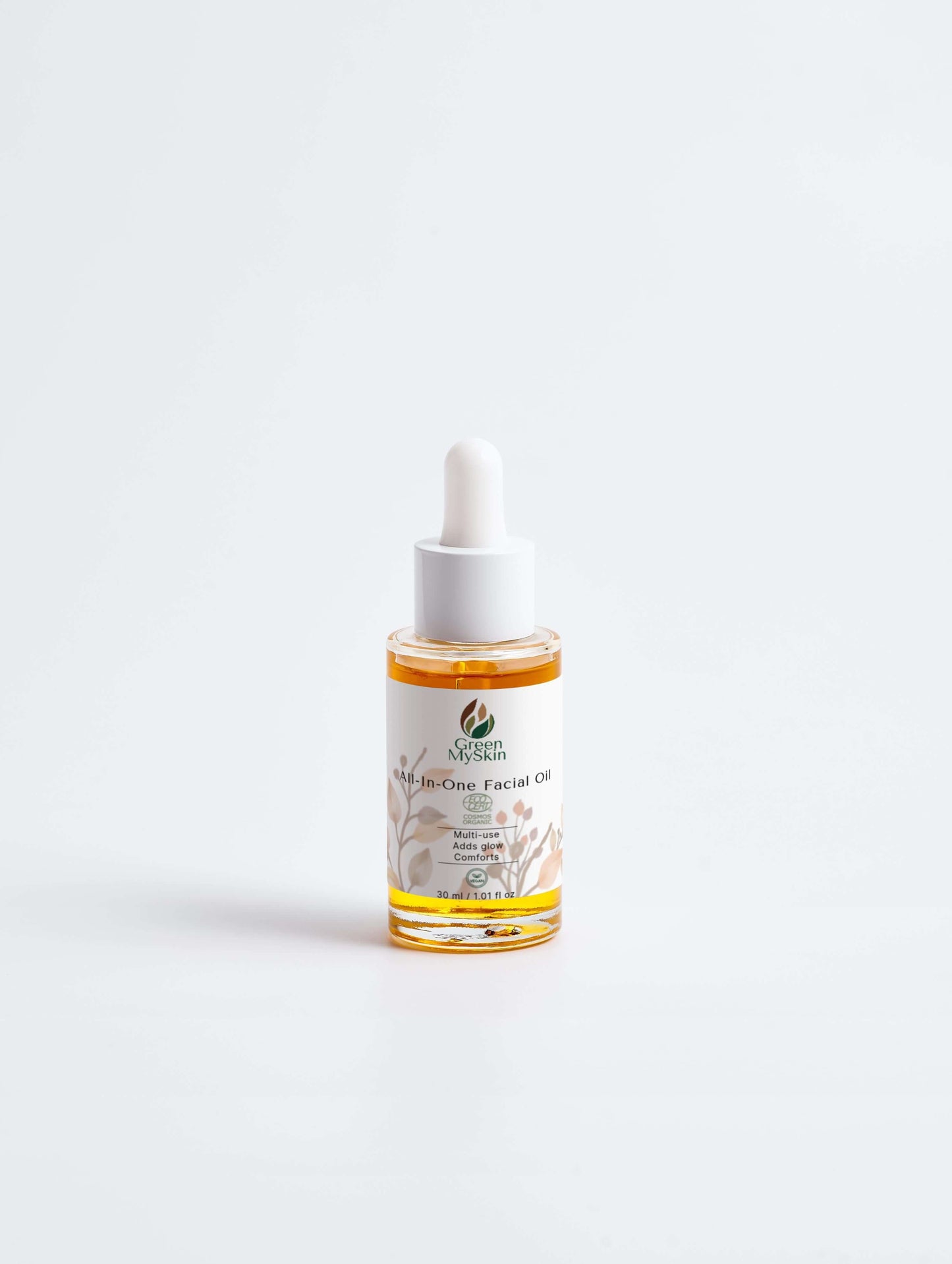 Vegan all-in-one facial oil with organic, cruelty-free ingredients to hydrate, balance, and nourish skin, available at greenmyskin.com