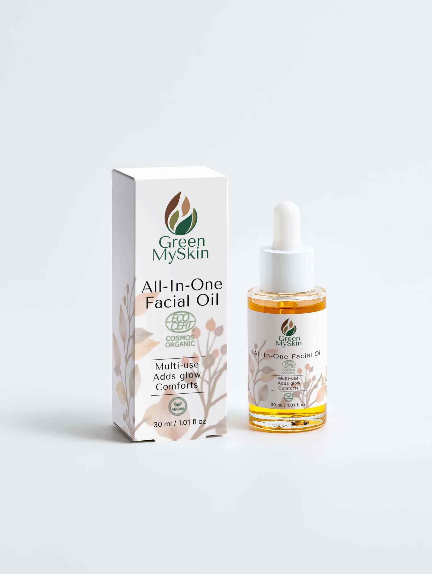 Vegan all-in-one facial oil with organic, cruelty-free ingredients to hydrate, balance, and nourish skin, available at greenmyskin.com