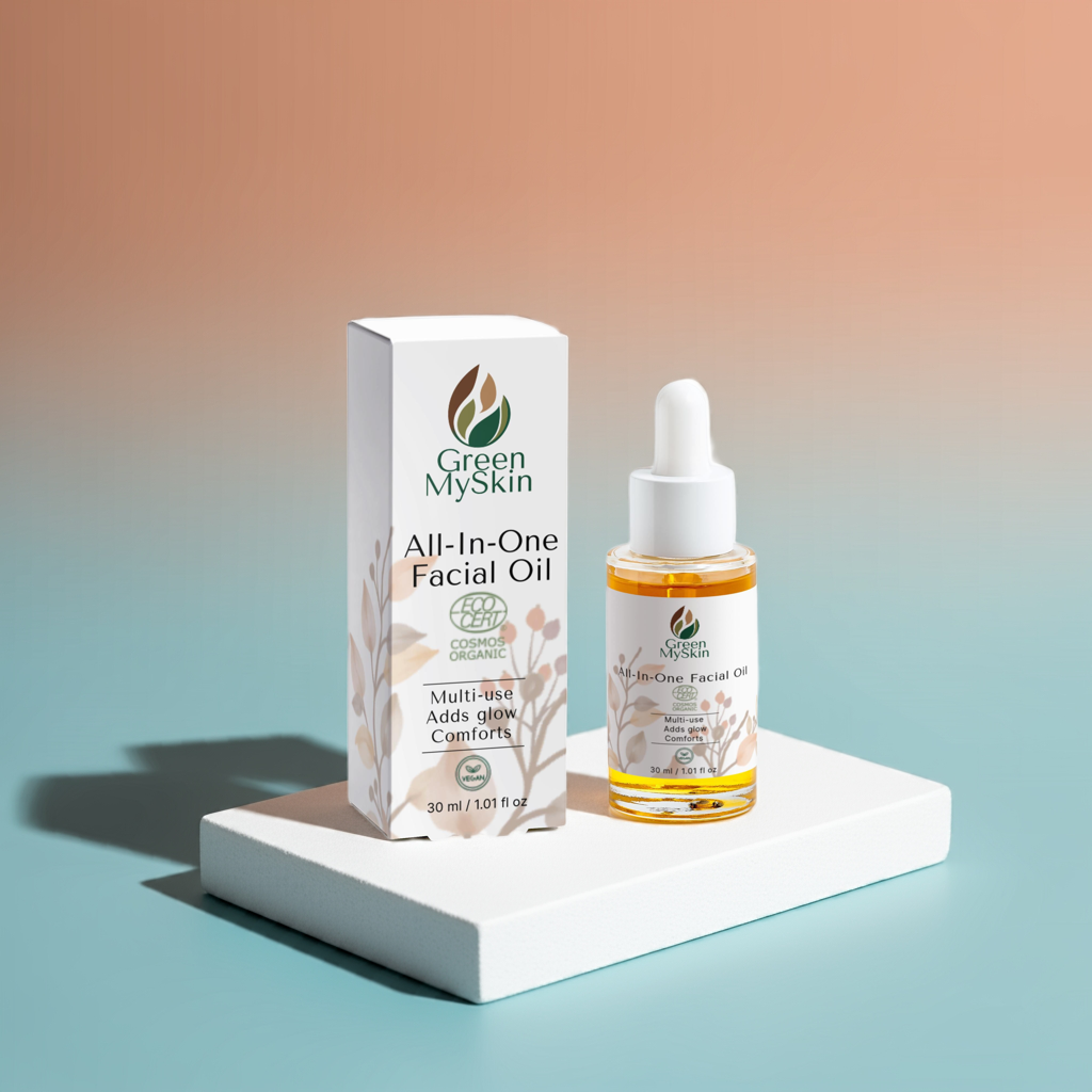 Vegan all-in-one facial oil with organic, cruelty-free ingredients to hydrate, balance, and nourish skin, available at greenmyskin.com
