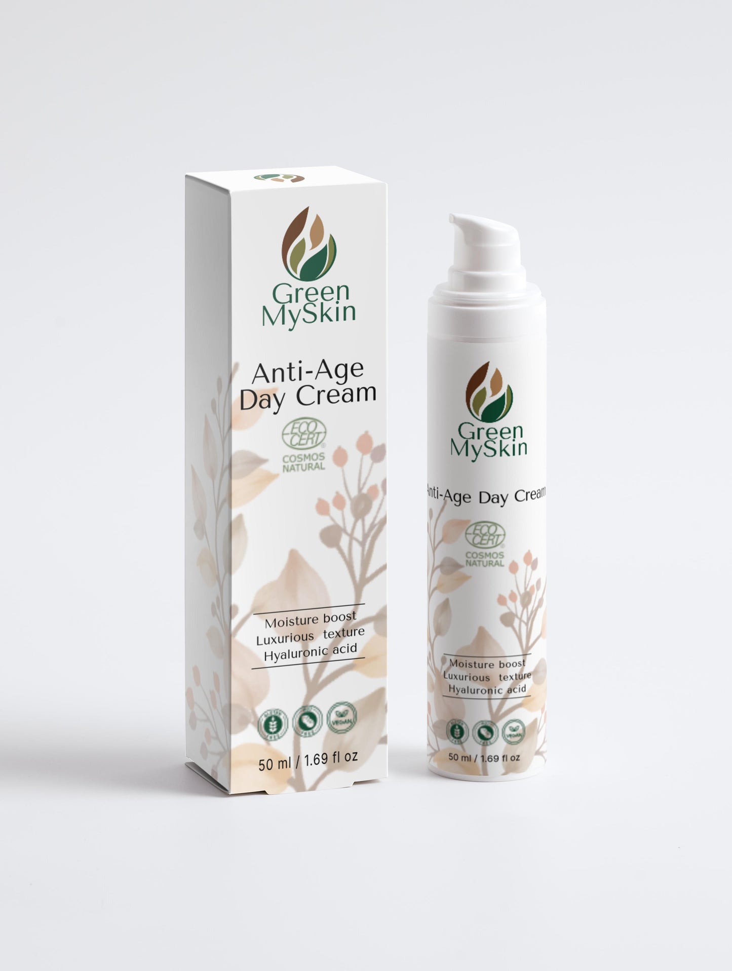 Vegan anti-age day cream with organic, cruelty-free ingredients to reduce fine lines, hydrate, and protect skin, available at greenmyskin.com.
