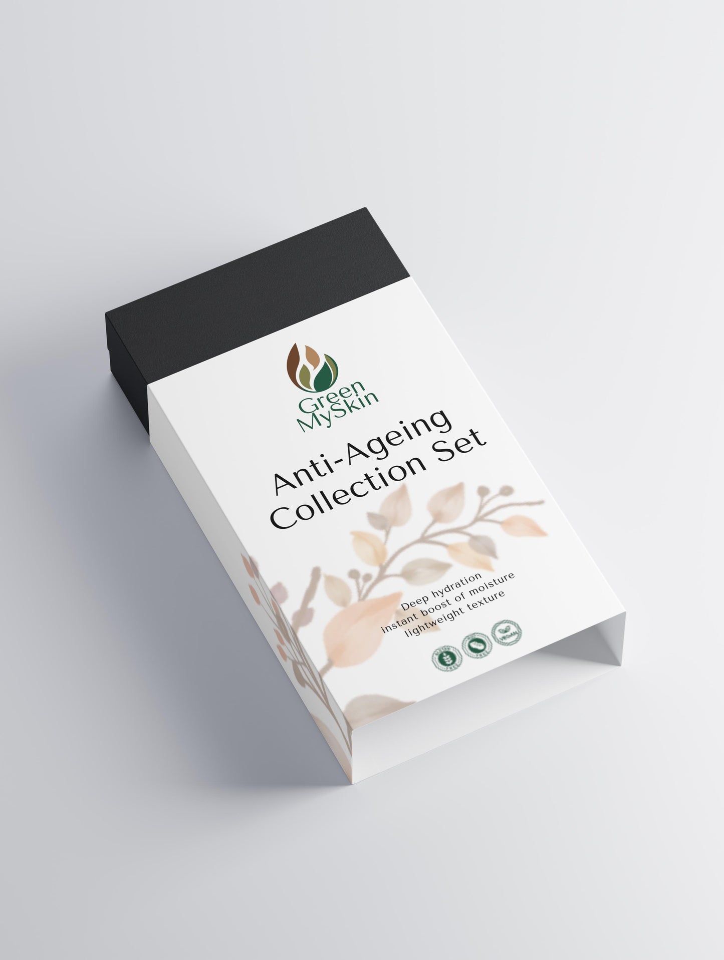 Vegan anti-ageing collection box with organic, cruelty-free skincare products to reduce wrinkles, firm, and rejuvenate skin, available at greenmyskin.com.