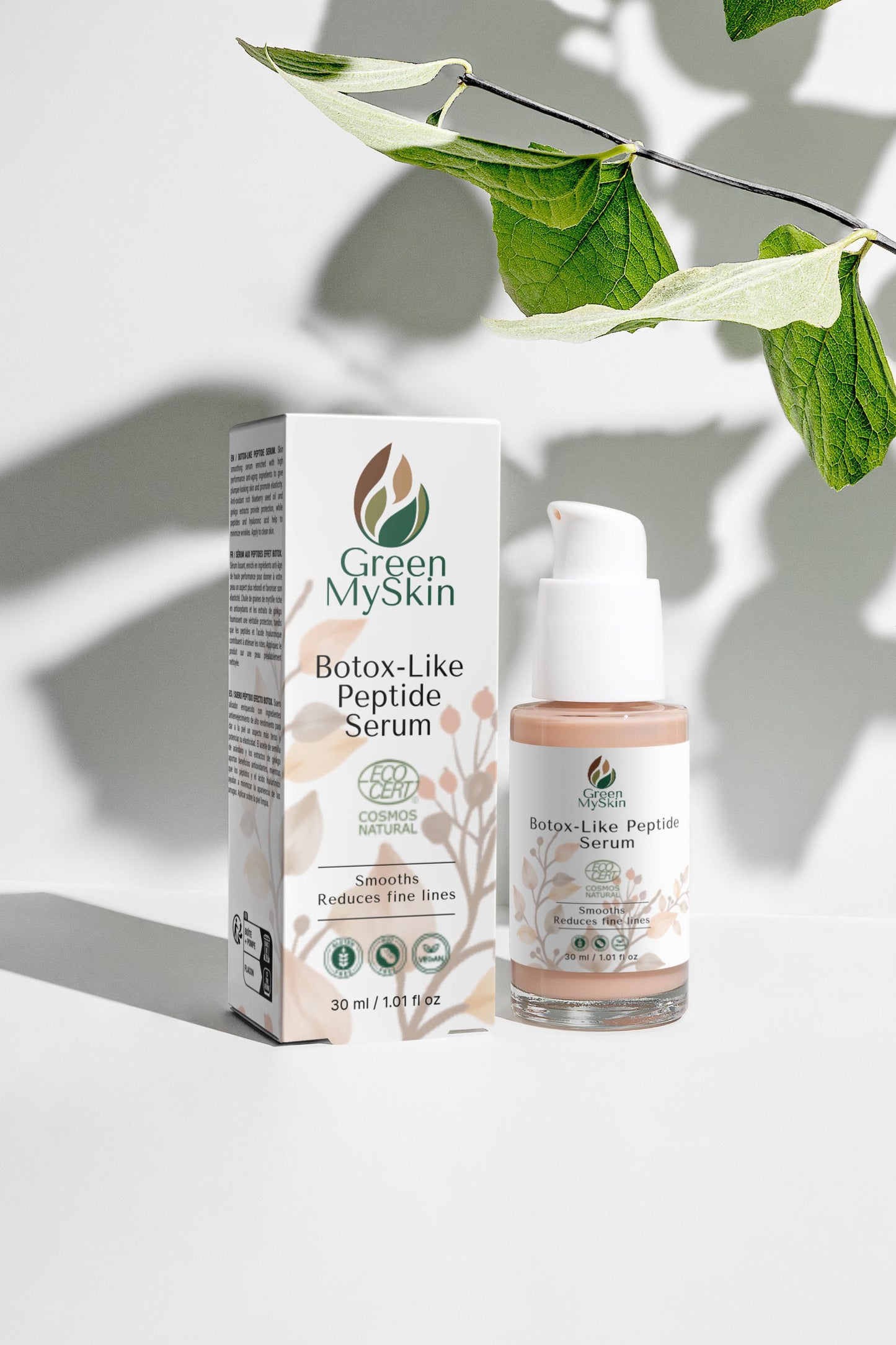 Vegan botox-like-peptide-serum with organic, cruelty-free ingredients to visibly reduce wrinkles and fine lines, firm and rejuvenate skin, available at greenmyskin.com