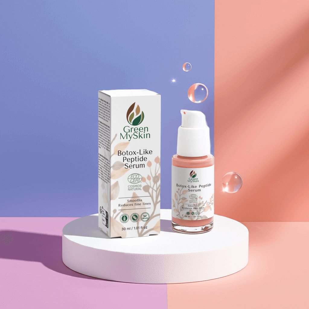Vegan botox-like-peptide-serum with organic, cruelty-free ingredients to visibly reduce wrinkles and fine lines, firm and rejuvenate skin, available at greenmyskin.com