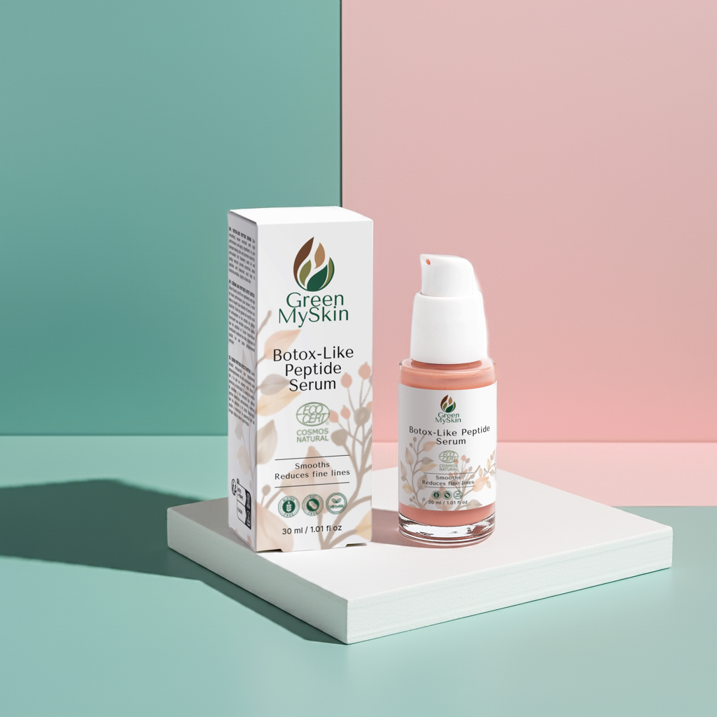 Vegan botox-like-peptide-serum with organic, cruelty-free ingredients to visibly reduce wrinkles and fine lines, firm and rejuvenate skin, available at greenmyskin.com