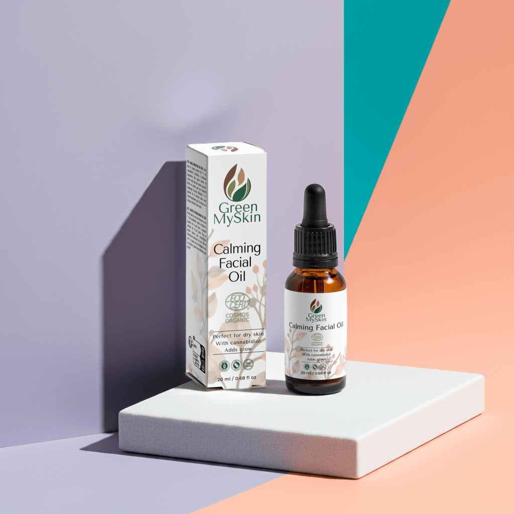 Vegan calming facial oil with organic, cruelty-free ingredients to hydrate, soothe, and balance sensitive skin, available at greenmyskin.com