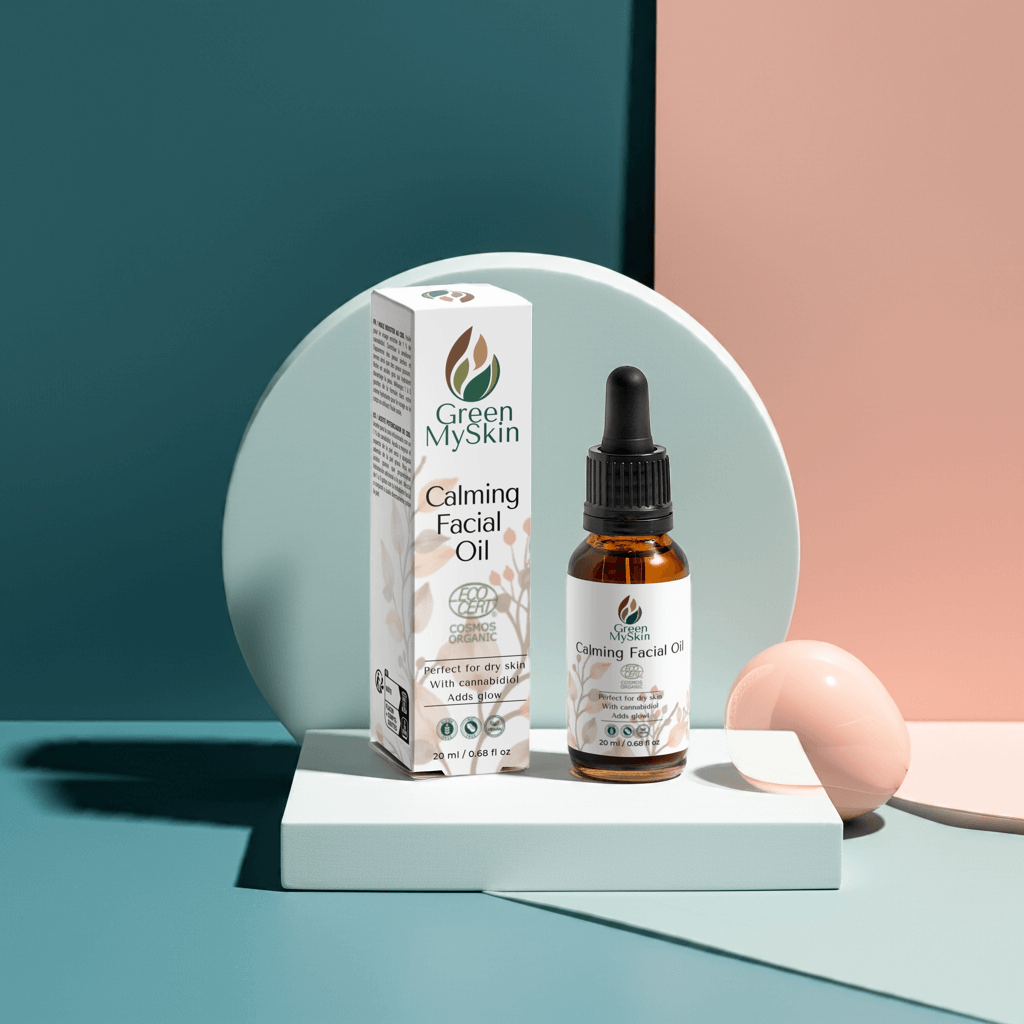 Vegan calming facial oil with organic, cruelty-free ingredients to hydrate, soothe, and balance sensitive skin, available at greenmyskin.com