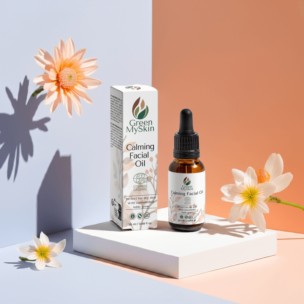 Vegan calming facial oil with organic, cruelty-free ingredients to hydrate, soothe, and balance sensitive skin, available at greenmyskin.com