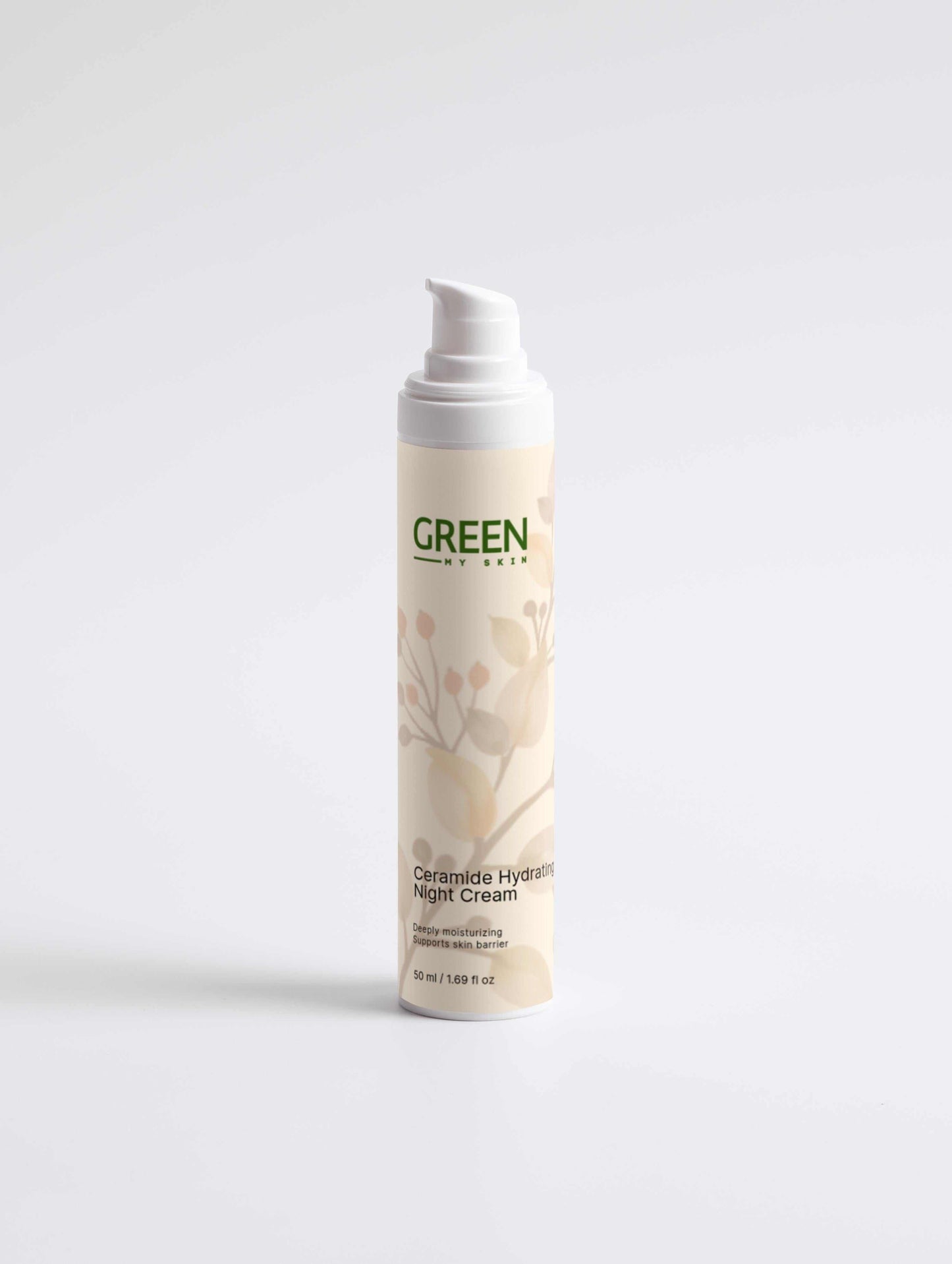 Vegan ceramide hydrating night cream with organic, cruelty-free ingredients to nourish, repair, and restore skin overnight, available at greenmyskin.com.
