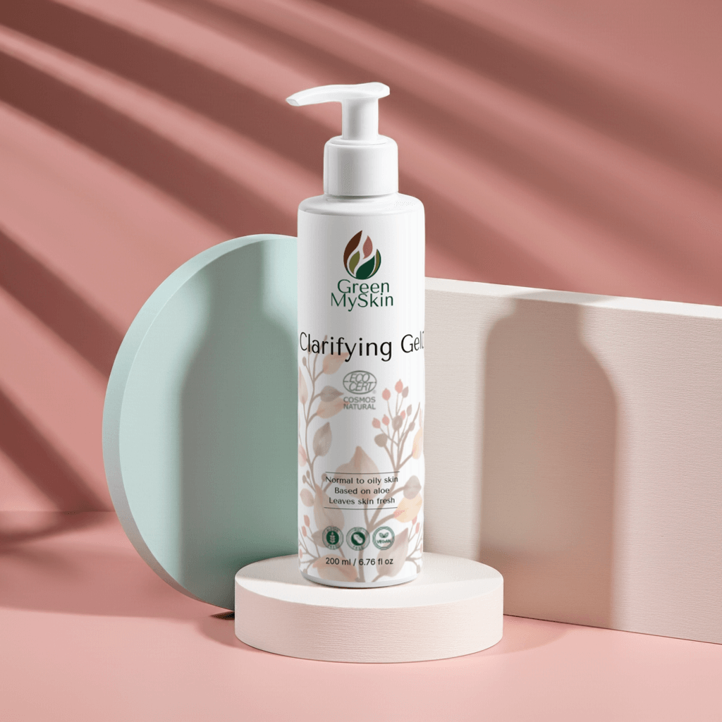 COSMOS natural vegan clarifying gel from Green My Skin. Organic, cruelty-free. Reduces inflammation, targets blemishes, and promotes clear skin.