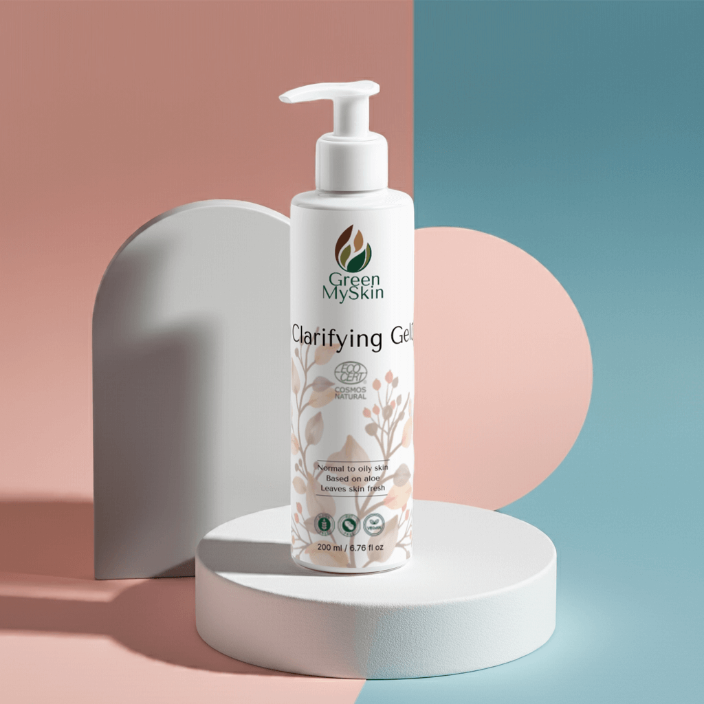 Vegan clarifying gel (COSMOS natural) from greenmyskin.com. Organic, cruelty-free ingredients target blemishes, reduce inflammation, and promote clear skin.