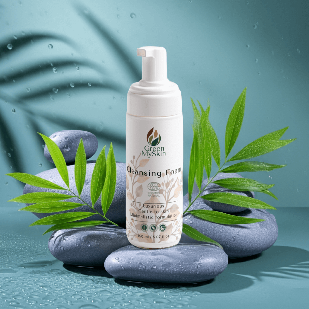 Bottle of gentle cleansing foam, ideal for all skin types and COSMOS Natural certified.