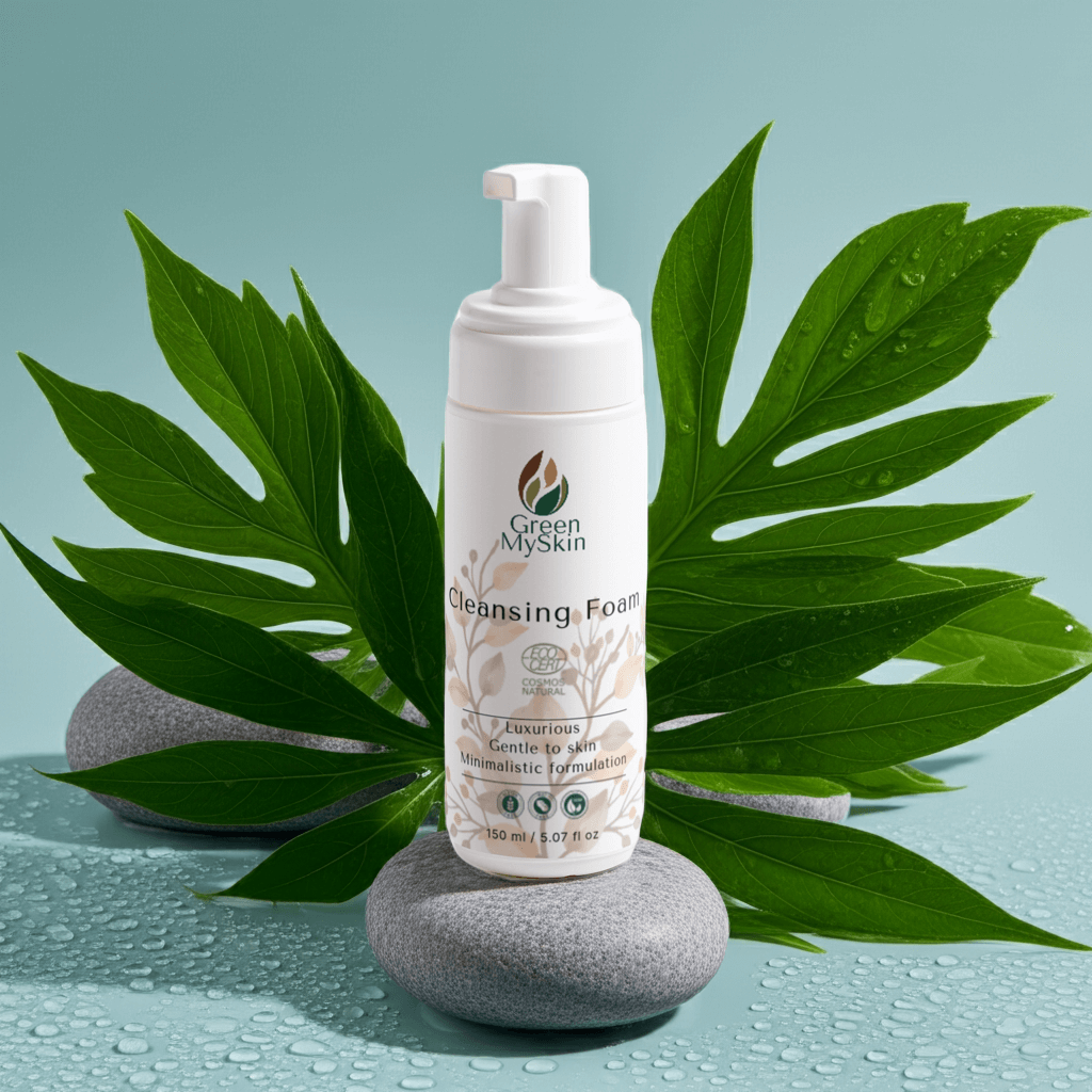 Gentle Cleansing Foam for All Skin Types - Facial nestled on stones with green leaves and droplets.