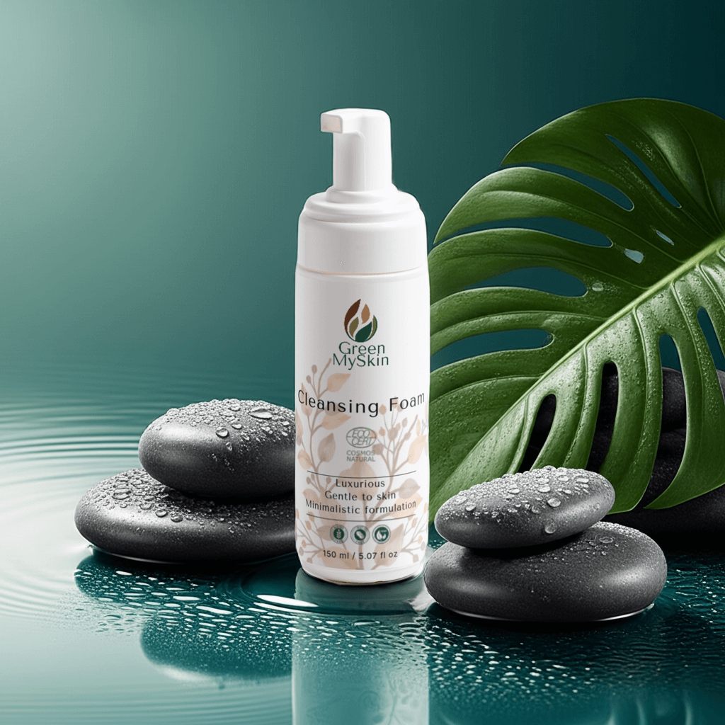 All-skin-type gentle cleansing foam in a bottle, with COSMOS Natural certification.