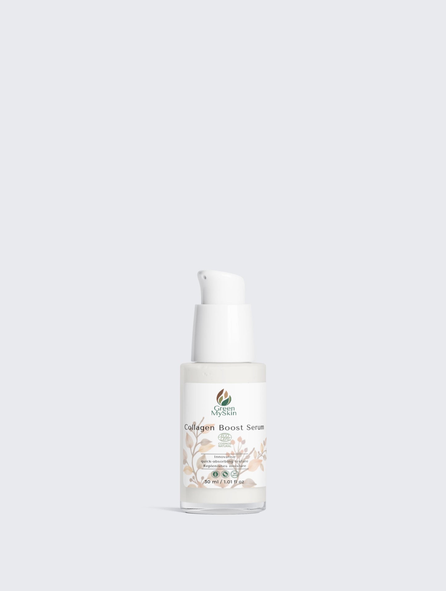 Organic and cruelty-free vegan collagen boost serum from greenmyskin.com, Cosmos Natural certified, designed to firm, hydrate, and give youthful-looking skin.
