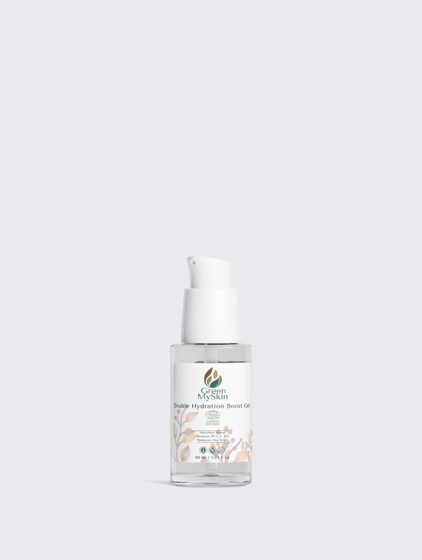 Vegan double hydration boost gel with organic, cruelty-free ingredients to deeply hydrate, refresh, and replenish skin, available at greenmyskin.com.