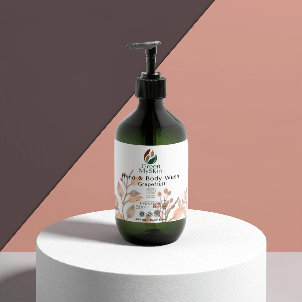 Hydrating vegan grapefruit hand and body wash bottle with floral backdrop.