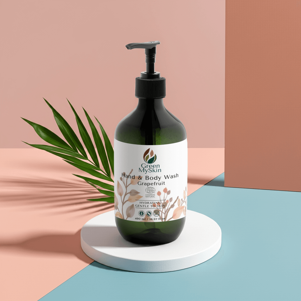 Hand-Body Wash Grapefruit Body Soap Bottle with Hydrating Vegan Formula in Floral Setting.