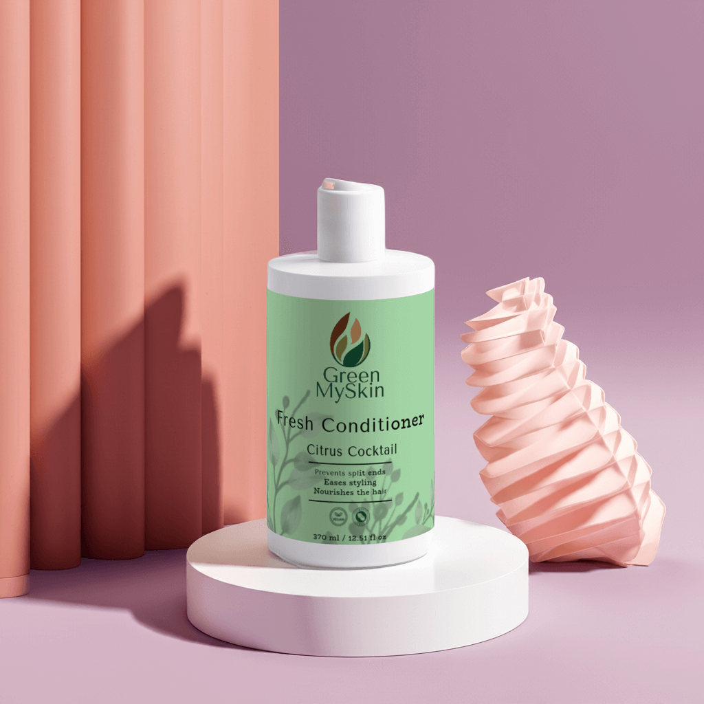 Citrus Cocktail Fresh-Conditioner bottle surrounded by lush greenery, designed to prevent split ends and nourish hair.