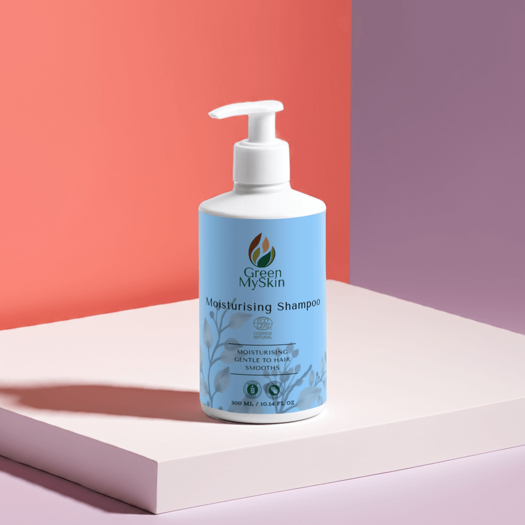 Gentle moisturising shampoo bottle for daily hair care with pump dispenser.