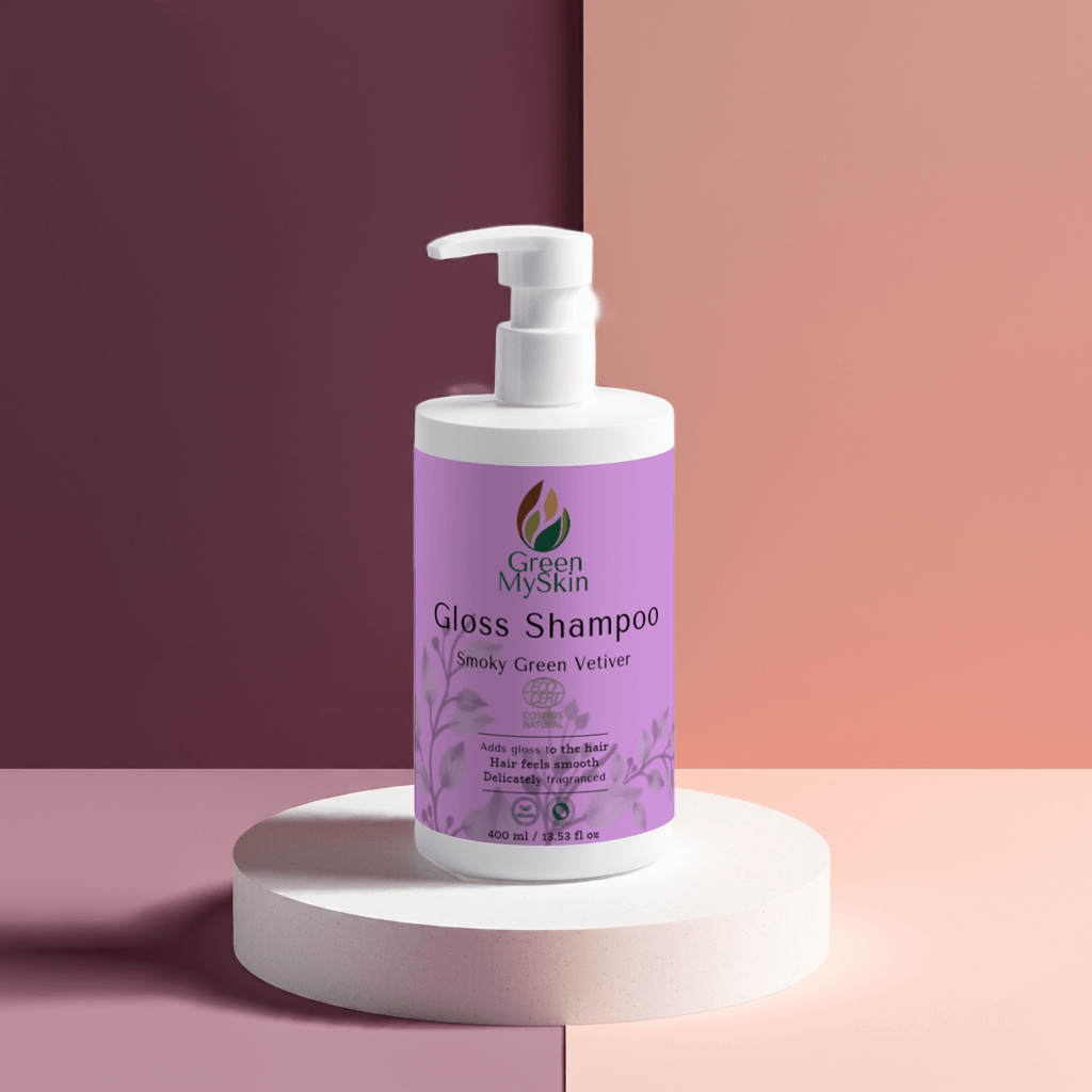 Gloss-shampoo Smoky Green Vetiver, adds gloss, smooth feel, delicately fragranced.