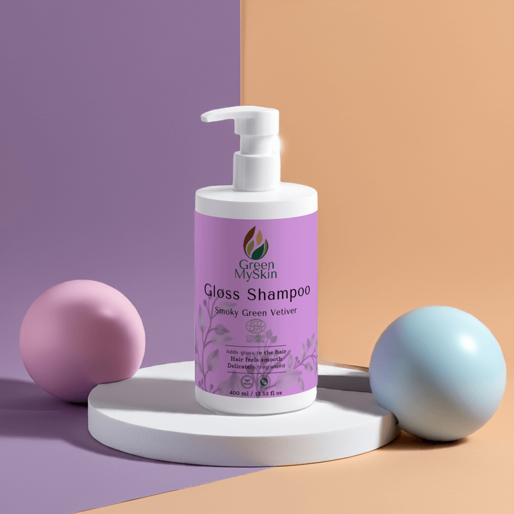 Gloss-shampoo Smoky Green Vetiver, adds gloss, smooth feel, delicately fragranced.