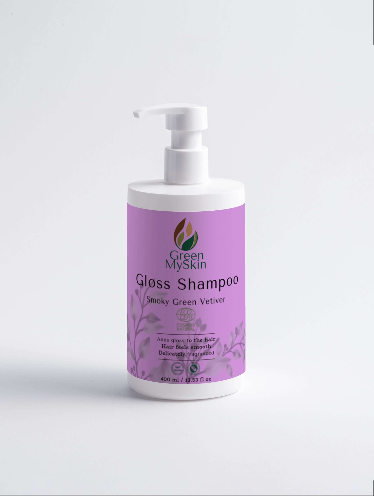 Gloss-shampoo Smoky Green Vetiver, adds gloss, smooth feel, delicately fragranced.