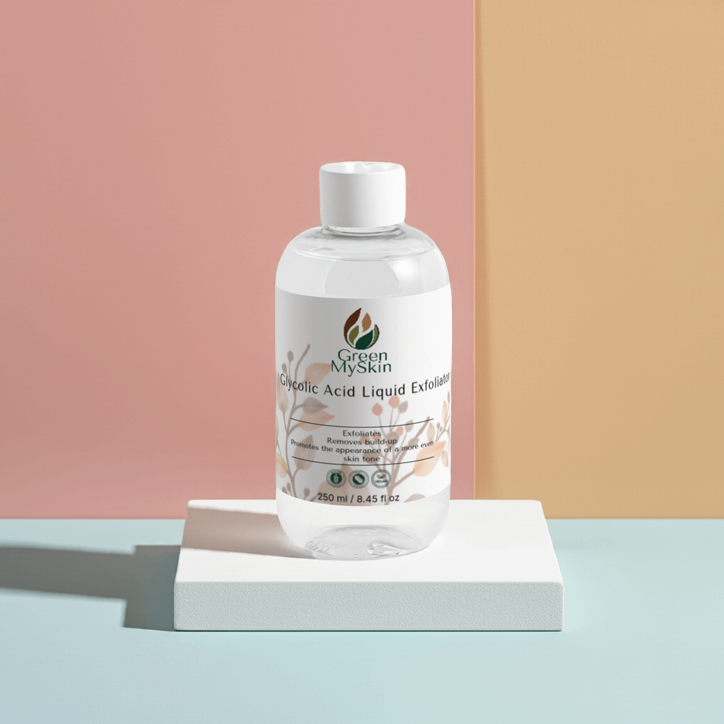 Glycolic Acid Liquid Exfoliator in a clear bottle on a pedestal, promoting smoother, brighter skin.