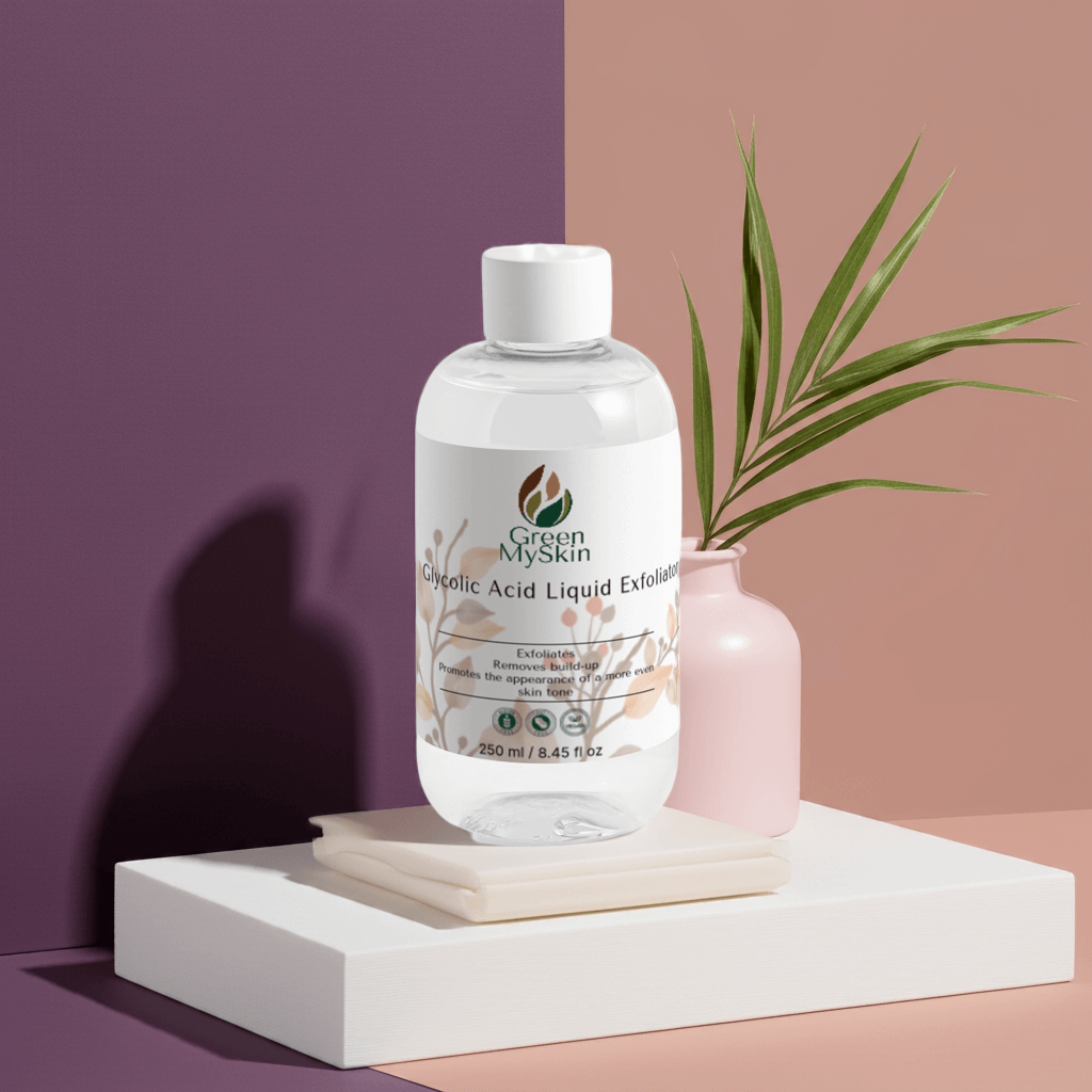 Glycolic Acid Liquid Exfoliator by Green My Skin on a display, promoting smoother, brighter skin with 5% Glycolic Acid.