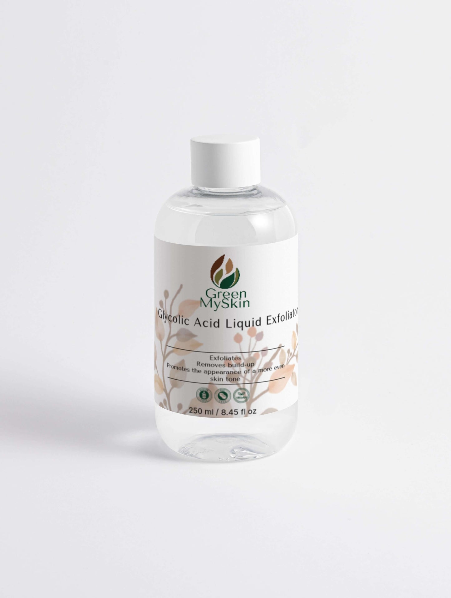 Glycolic Acid Liquid Exfoliator by Green My Skin in a clear bottle for smoother and brighter skin.