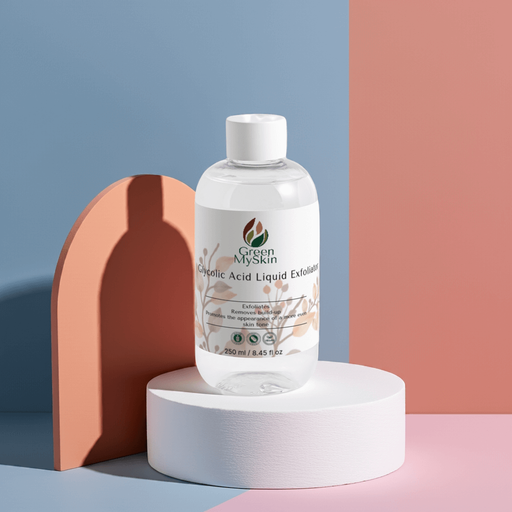Glycolic Acid Liquid Exfoliator by GreenMySkin on a display, promoting smoother and brighter skin.