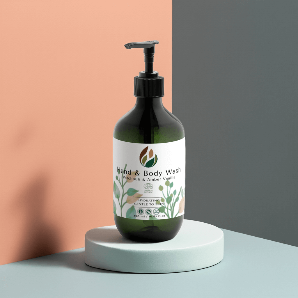 Hydrating hand-body wash with patchouli, amber, and vanilla scent, vegan formula.
