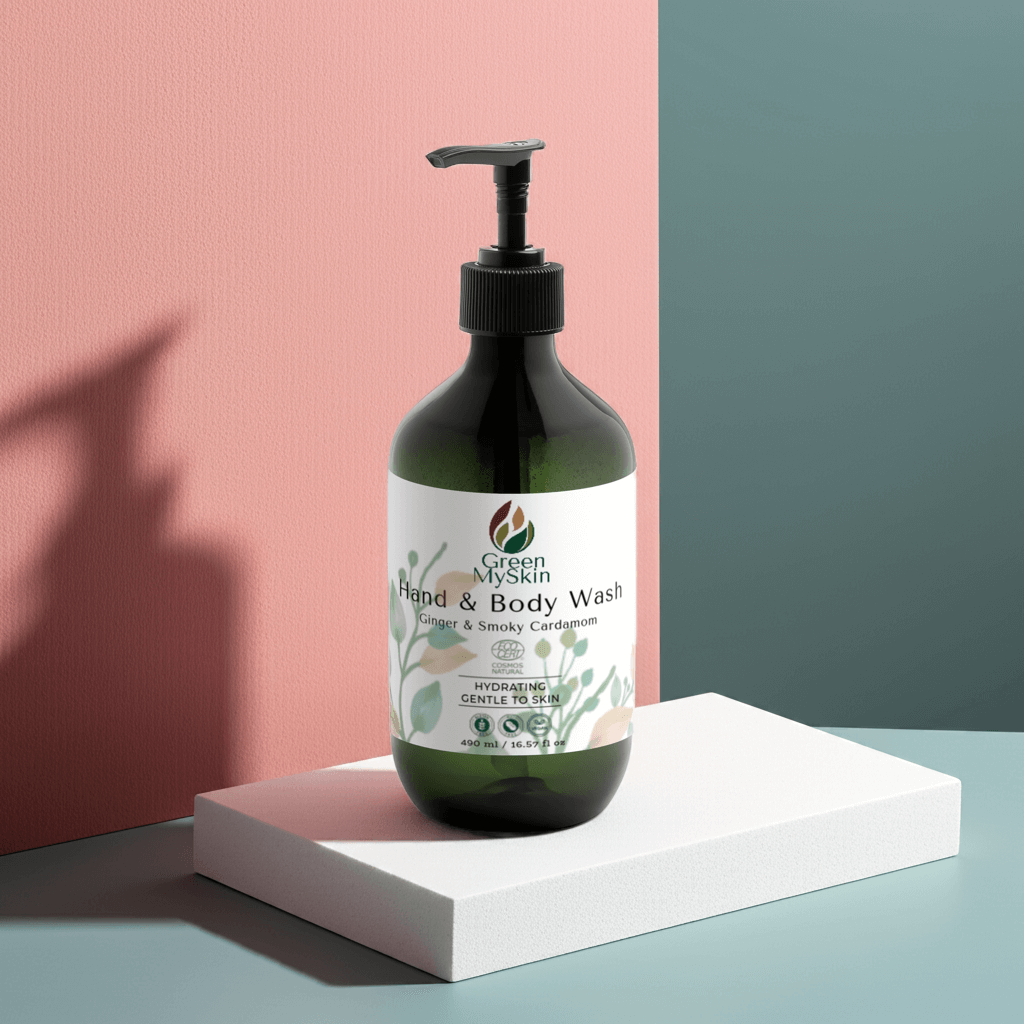 Ginger & Smoky Cardamom Hand-Body Wash, hydrating and vegan, in green pump bottle.