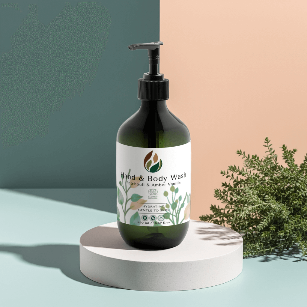 Hydrating hand-body wash with patchouli, amber vanilla scent in a botanical background.