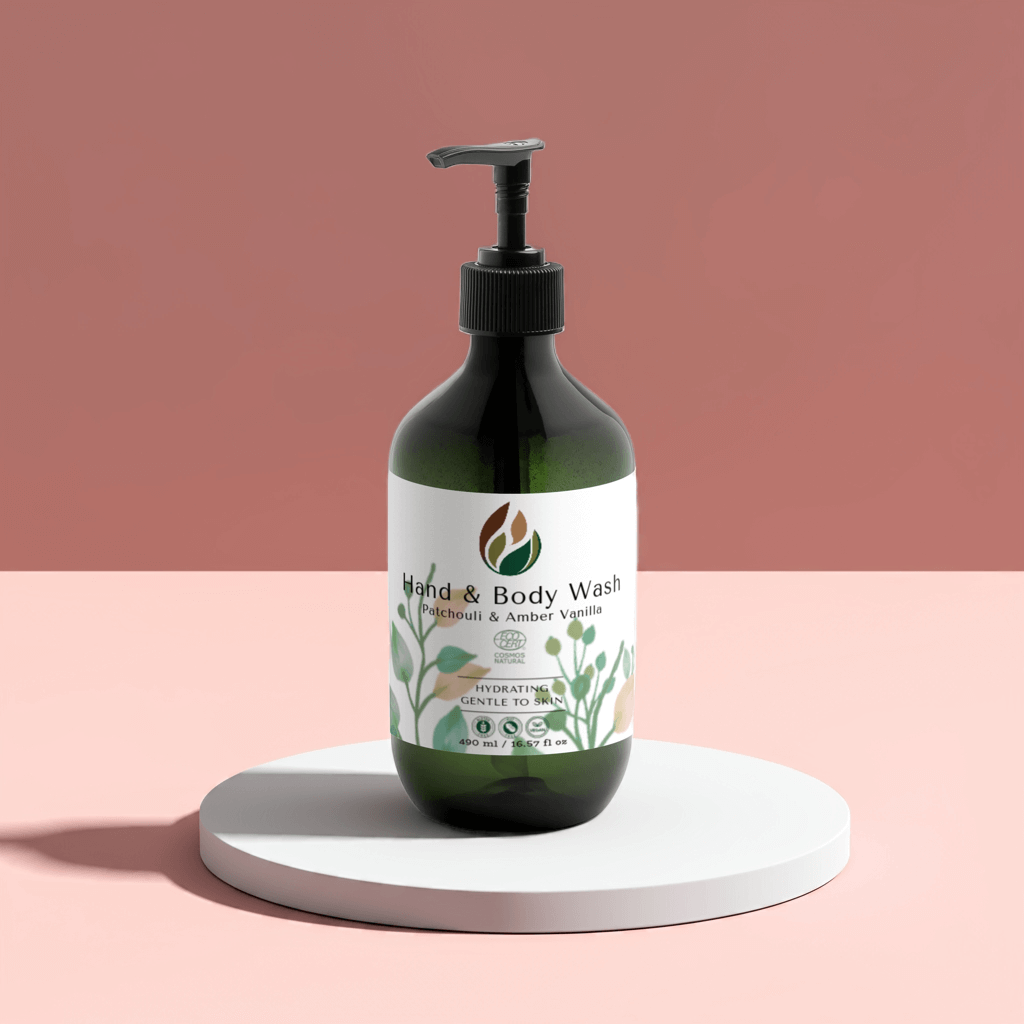 Hydrating hand and body wash with patchouli and amber vanilla scent in a pump bottle.