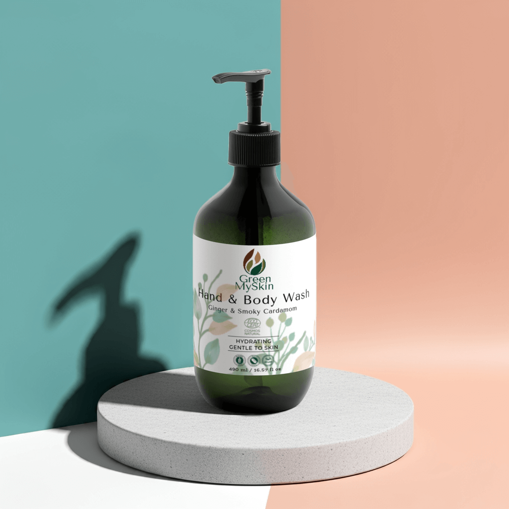 Ginger & Smoky Cardamom Hand-Body Wash, hydrating and vegan, in green pump bottle.