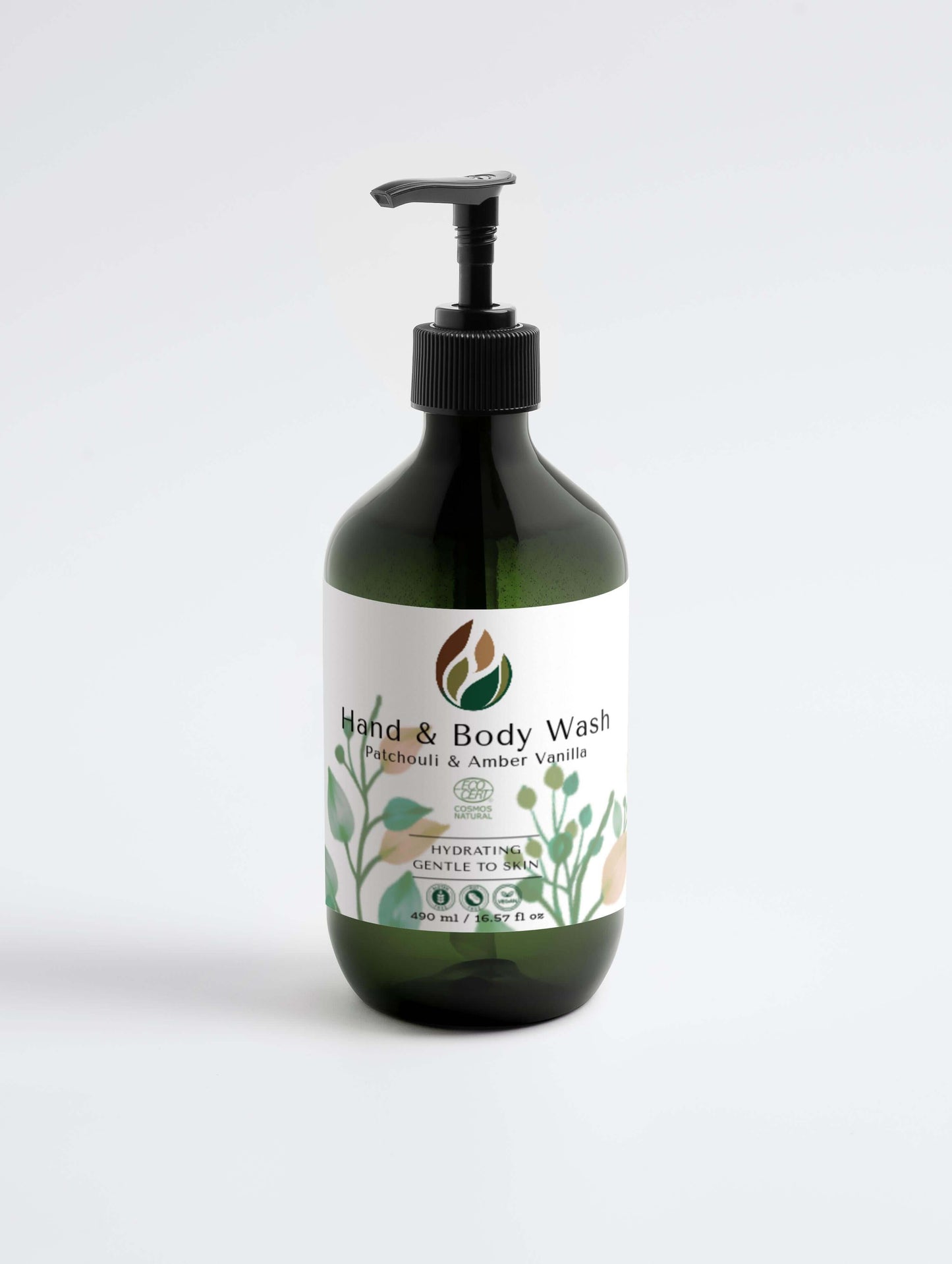 Hydrating hand and body wash with patchouli and amber vanilla scent in a pump bottle.
