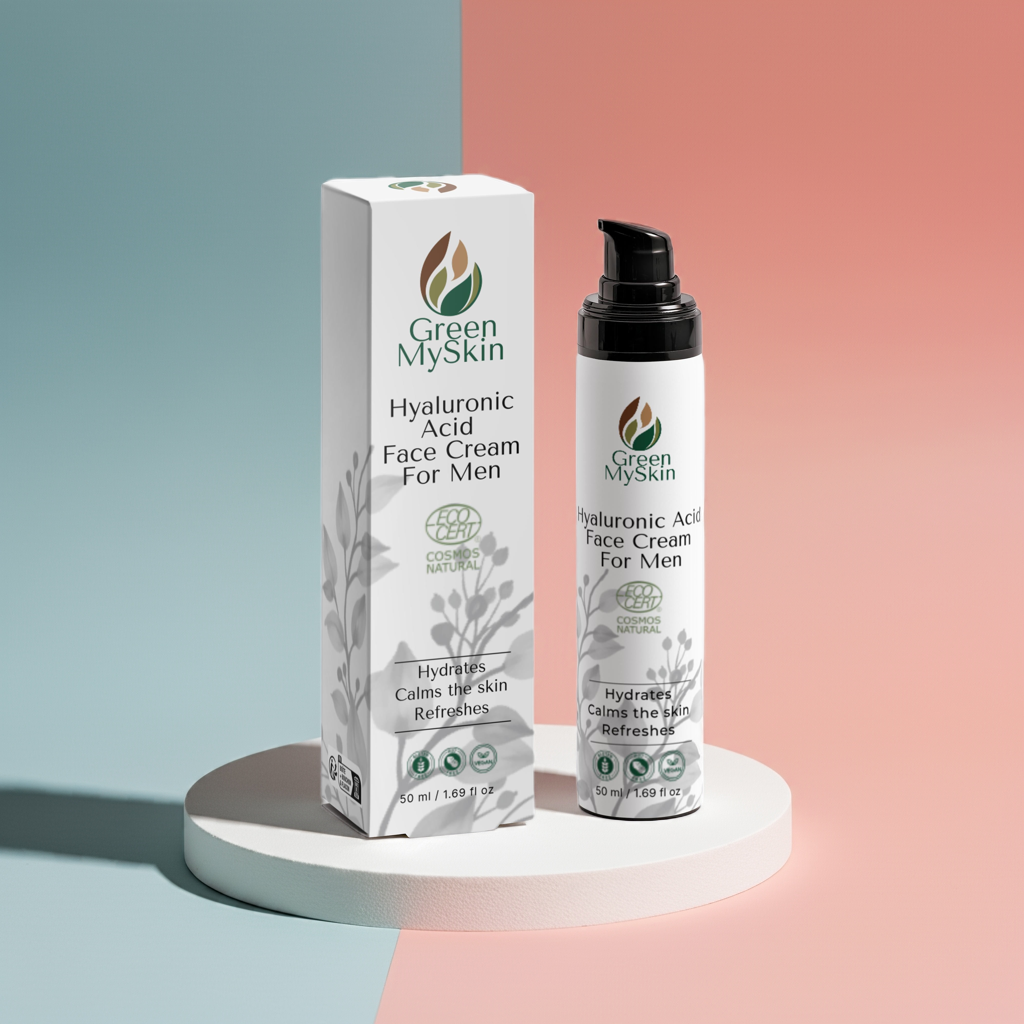 Vegan hyaluronic acid face cream for men with organic, cruelty-free ingredients to hydrate, smooth, and rejuvenate skin, available at greenmyskin.com.